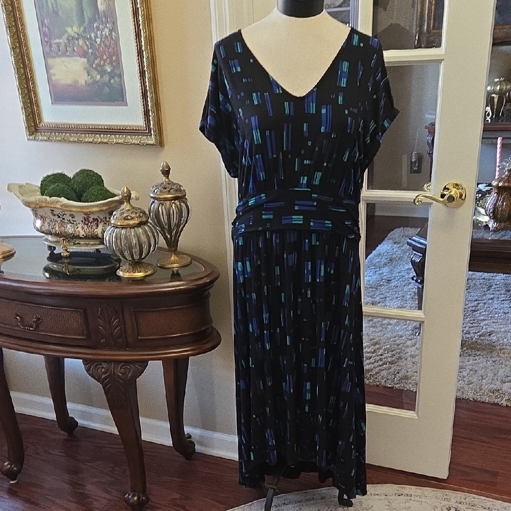 Apt. 9 Black Blue Print Dress VNeck Cap Slv Stretch Waist Gathered Skirt PXL NEW